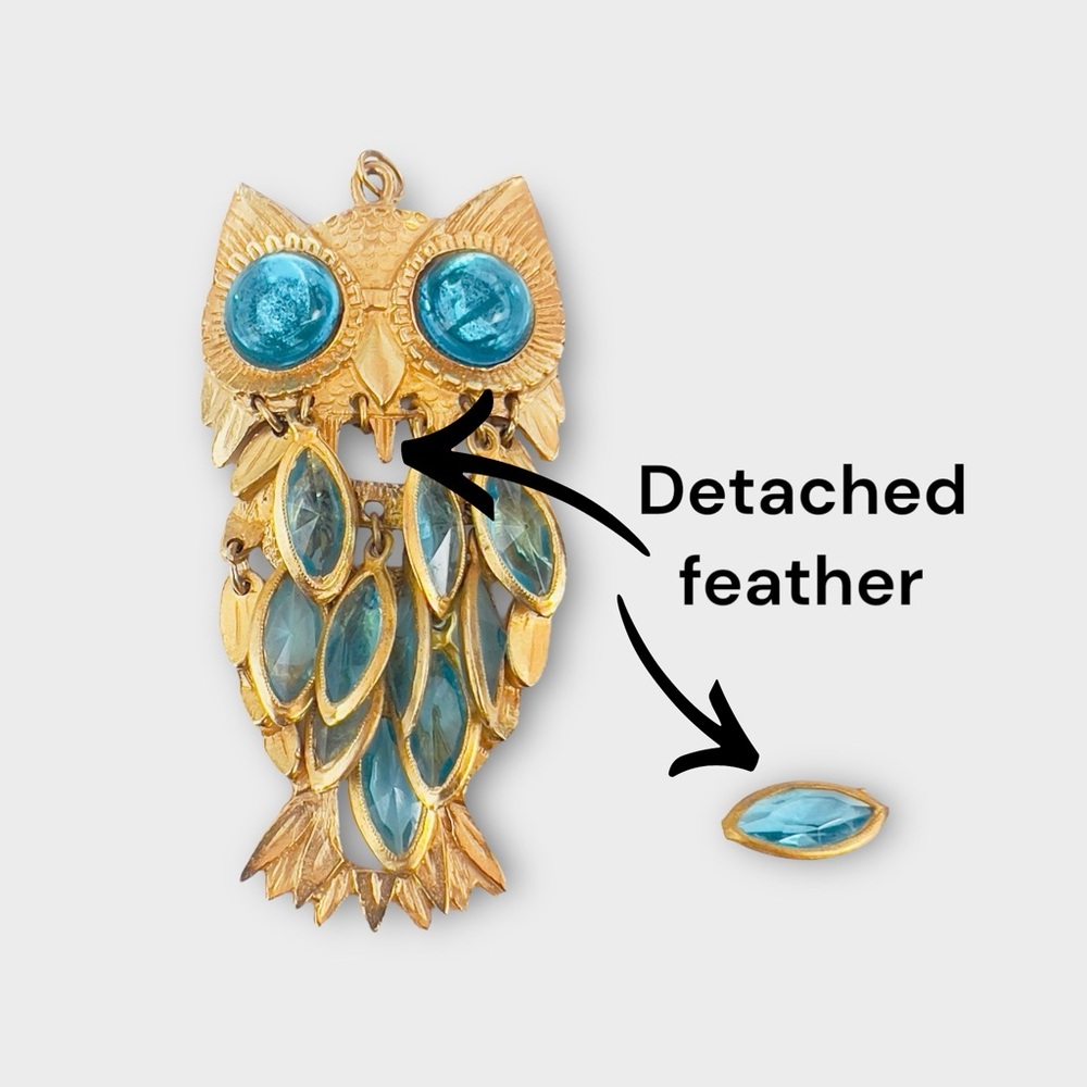Lot Of 2 Vintage Owl Pendants Gold & Silver Tone Blue Lucite Turquoise Howlite - Picture 10 of 16